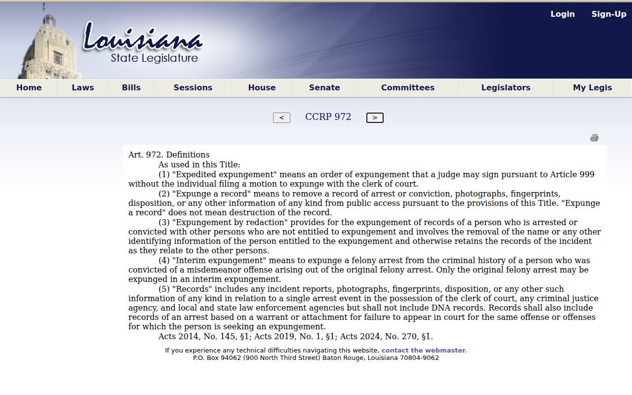 Louisiana criminal record expungement definitions