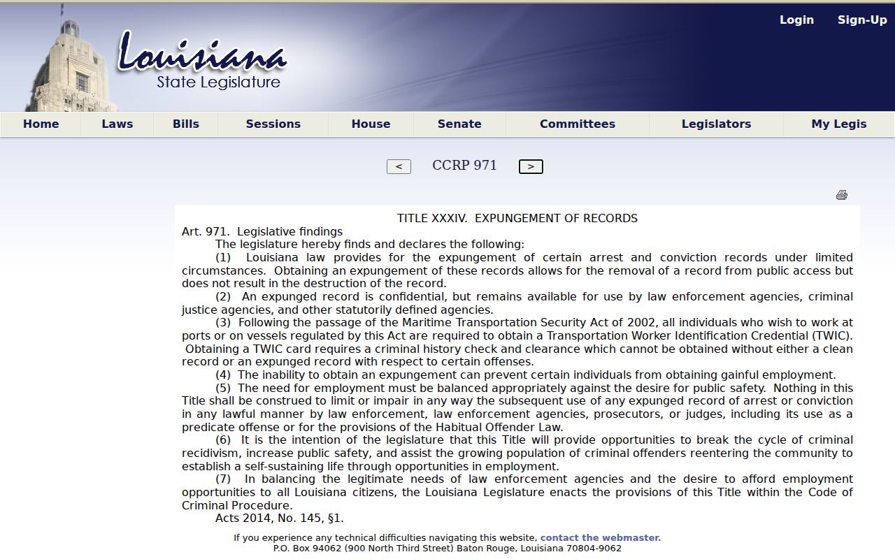 Louisiana criminal court records expungement law