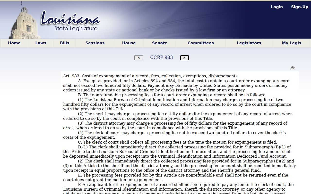 Louisiana criminal court record expungement fee law