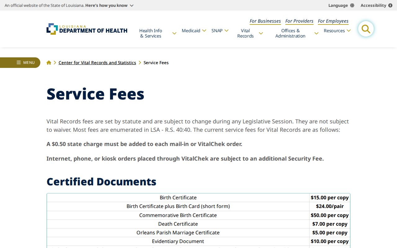 Louisiana marriage record service fee information