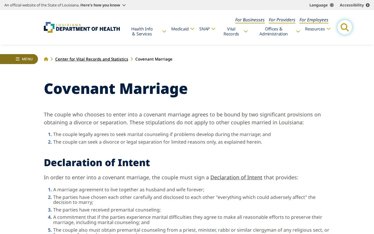 Louisiana covenant marriage record information