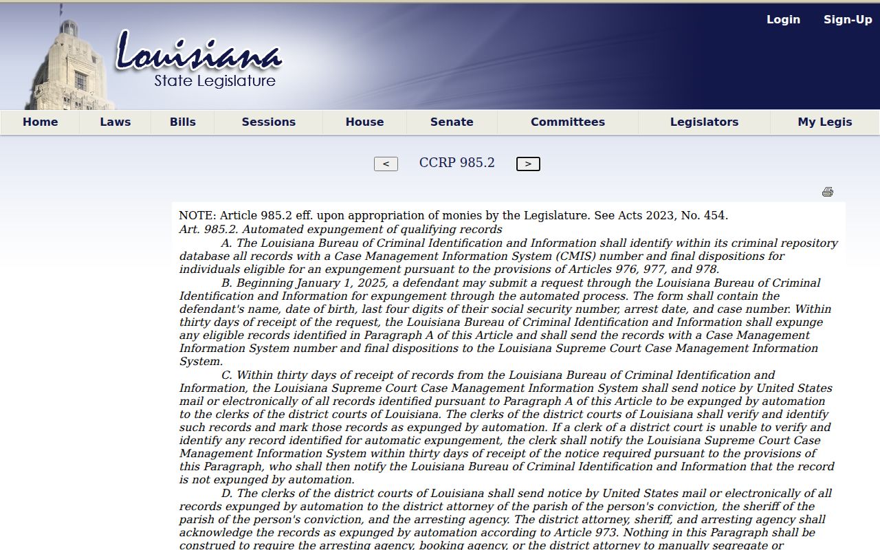 Louisiana court records expungement statute source